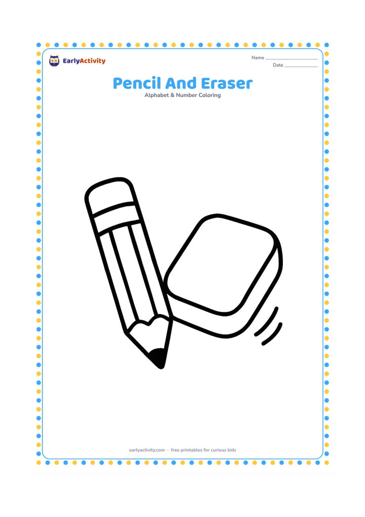 Colouring page: Draw a chunky pencil lying diagonally beside a large rectangular eraser with rounded corners. Add a few simple curved motion lines near the eraser.