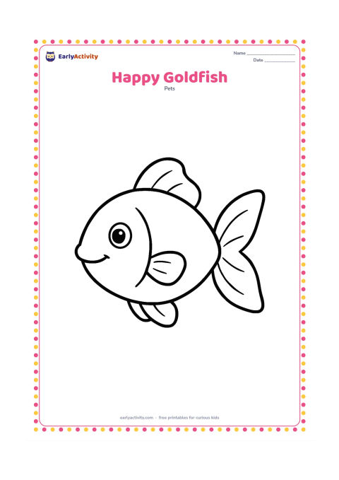Colouring page: Draw one large, smiling goldfish facing left, with a rounded body, wide tail, flowing fins, clear eye and simple gill lines. Leave the background empty for children to add water or a…