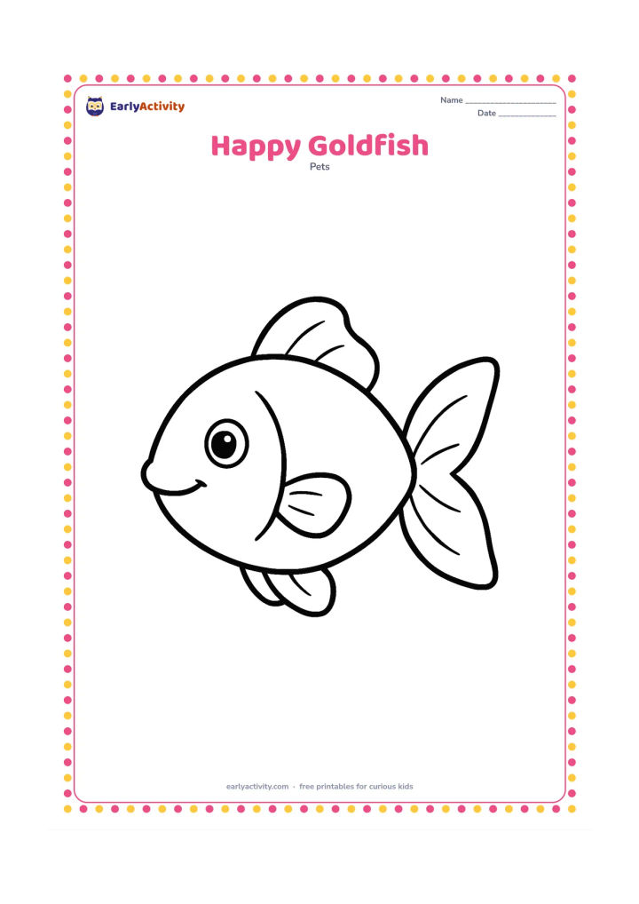 Colouring page: Draw one large, smiling goldfish facing left, with a rounded body, wide tail, flowing fins, clear eye and simple gill lines. Leave the background empty for children to add water or a…