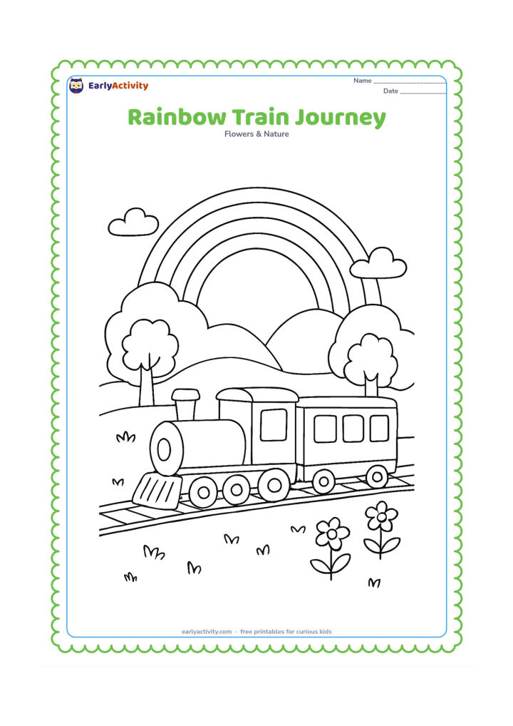Colouring page: Draw a small, plain passenger train moving through green countryside beneath a rainbow, with rounded hills, trees, clouds and a few flowers. Show smoke-free carriages with blank windows…