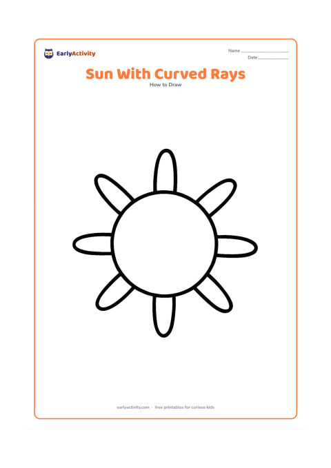 Worksheet: Draw a large central sun with six broad, gently curved rays pointing outward. Leave the surrounding page empty so children can trace each curve.
