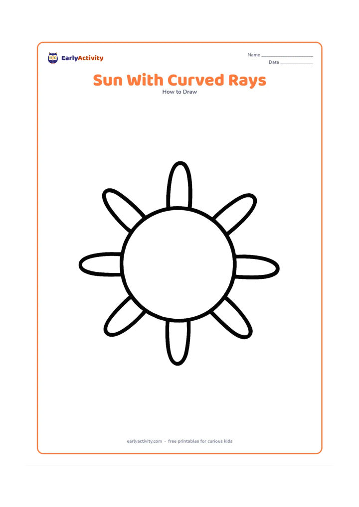 Worksheet: Draw a large central sun with six broad, gently curved rays pointing outward. Leave the surrounding page empty so children can trace each curve.