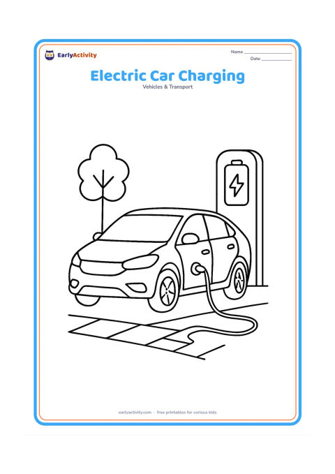Colouring page: Draw a modern electric car parked beside a charging station, with a cable connected to the side of the car. Add a small tree, paving stones and a simple battery-shaped symbol on the…