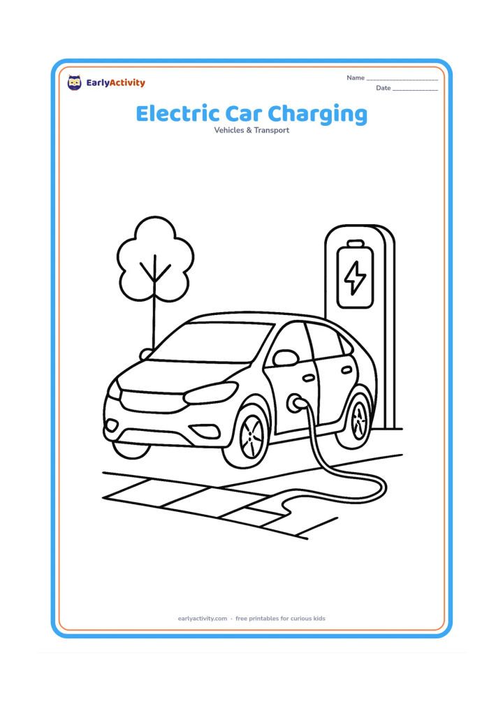 Colouring page: Draw a modern electric car parked beside a charging station, with a cable connected to the side of the car. Add a small tree, paving stones and a simple battery-shaped symbol on the…