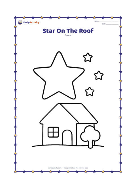 Colouring page: A large star shines above a simple house with a sloping roof, one window, a doorway and a small tree. Include a few stars in the evening sky.