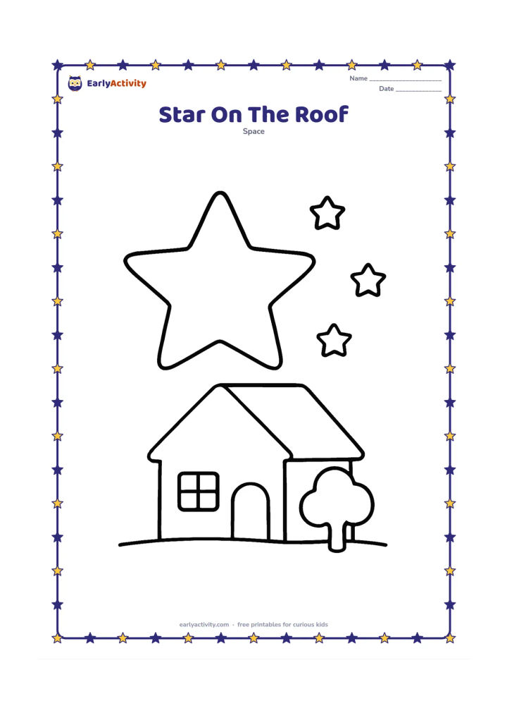 Colouring page: A large star shines above a simple house with a sloping roof, one window, a doorway and a small tree. Include a few stars in the evening sky.