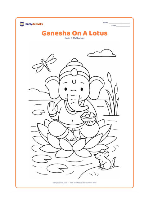 Colouring page: Lord Ganesha sits on a large open lotus floating on a pond, holding a small bowl of modaks. Add lily pads, gentle ripples, reeds, a dragonfly and his mouse seated on the bank.