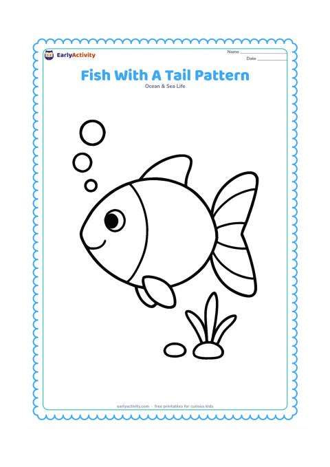Colouring page: Draw one large fish facing left with a plain body and a tail divided into several broad decorative sections. Add three bubbles, a small pebble and one short plant beside it.