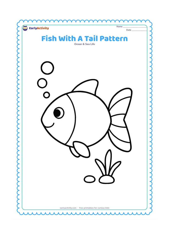 Colouring page: Draw one large fish facing left with a plain body and a tail divided into several broad decorative sections. Add three bubbles, a small pebble and one short plant beside it.