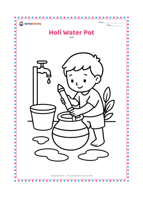 Colouring page: A child fills a pichkari from a large traditional water pot beside a courtyard tap. Add a bucket, a leafy plant and a few broad puddle shapes.