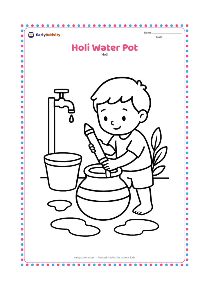 Colouring page: A child fills a pichkari from a large traditional water pot beside a courtyard tap. Add a bucket, a leafy plant and a few broad puddle shapes.