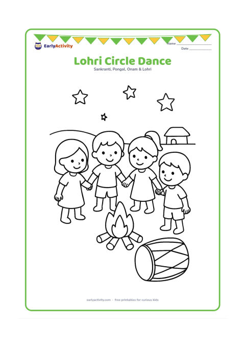 Colouring page: Draw four children holding hands in a small circle near a bonfire, with one large dhol on the ground. Add a few simple stars and a low village wall in the background.