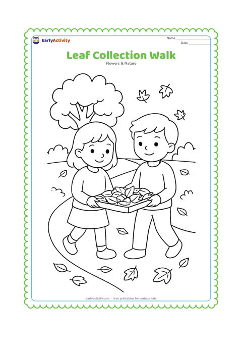 Colouring page: Two children walk along a park path carrying a shallow tray of fallen leaves, with a large tree, low bushes and scattered leaves in the background.