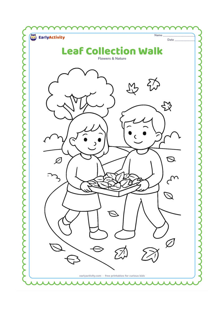 Colouring page: Two children walk along a park path carrying a shallow tray of fallen leaves, with a large tree, low bushes and scattered leaves in the background.