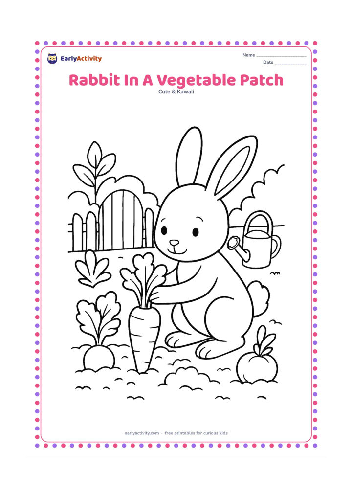 Colouring page: A rabbit kneels beside a row of vegetables and pulls up a large carrot. Include leafy plants, a small garden gate and a watering can in the background.