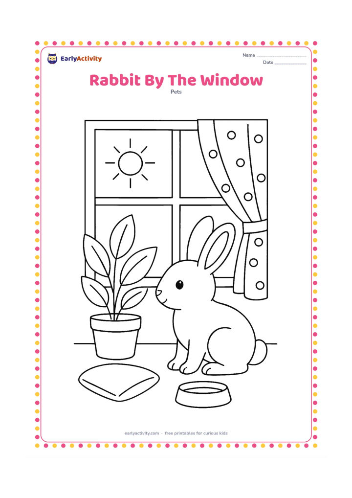 Colouring page: A pet rabbit sits beside a sunny window in a home, looking at a potted leafy plant. Include a cushion, a low food bowl and a simple curtain with repeated dots.