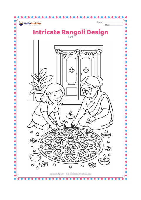 Colouring page: A child and grandparent work together on a large circular rangoli with repeating petals, swirls, lamps and geometric sections. Surround it with gulal bowls, flower petals and a decorated…