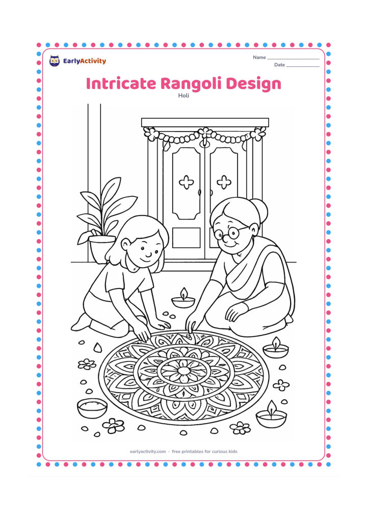 Colouring page: A child and grandparent work together on a large circular rangoli with repeating petals, swirls, lamps and geometric sections. Surround it with gulal bowls, flower petals and a decorated…