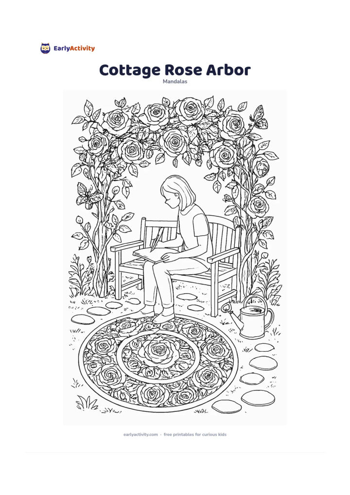 Colouring page: Place a circular rose mandala beneath a flower-covered arbor, combining open roses, buds, leaves and looping stems. Add a person sitting on a bench sketching the flowers, a watering can,…