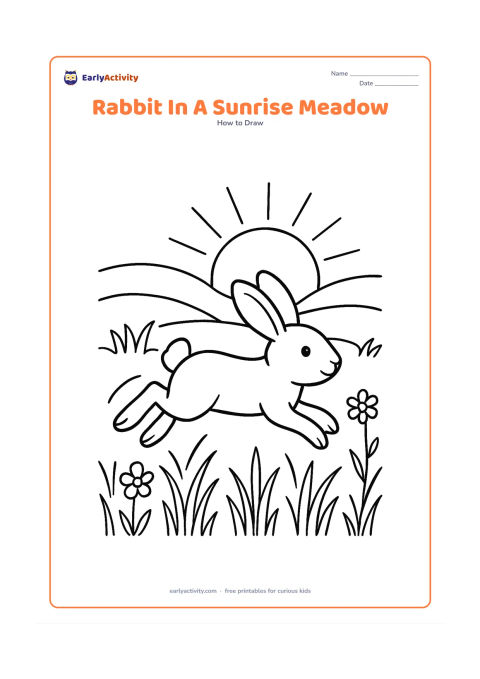 Worksheet: Show a side-view rabbit hopping through a meadow at sunrise, with one large sun low on the horizon, layered hills, tall grass and a few flowers. Add curved motion lines behind the rabbit…