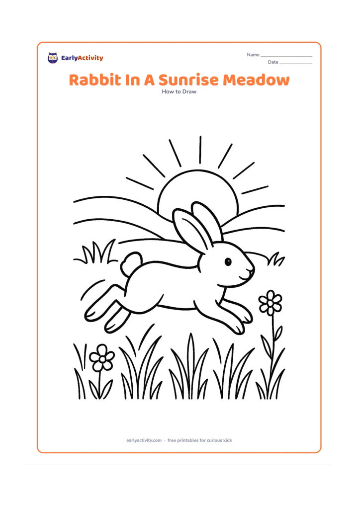 Worksheet: Show a side-view rabbit hopping through a meadow at sunrise, with one large sun low on the horizon, layered hills, tall grass and a few flowers. Add curved motion lines behind the rabbit…