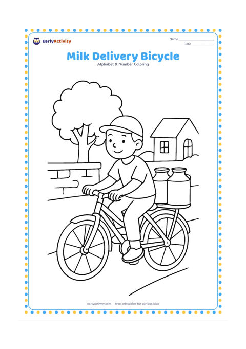 Colouring page: Draw a person riding a bicycle with two plain milk cans secured on the back, moving along a village lane. Include a low wall, a leafy tree and a small house in the background.