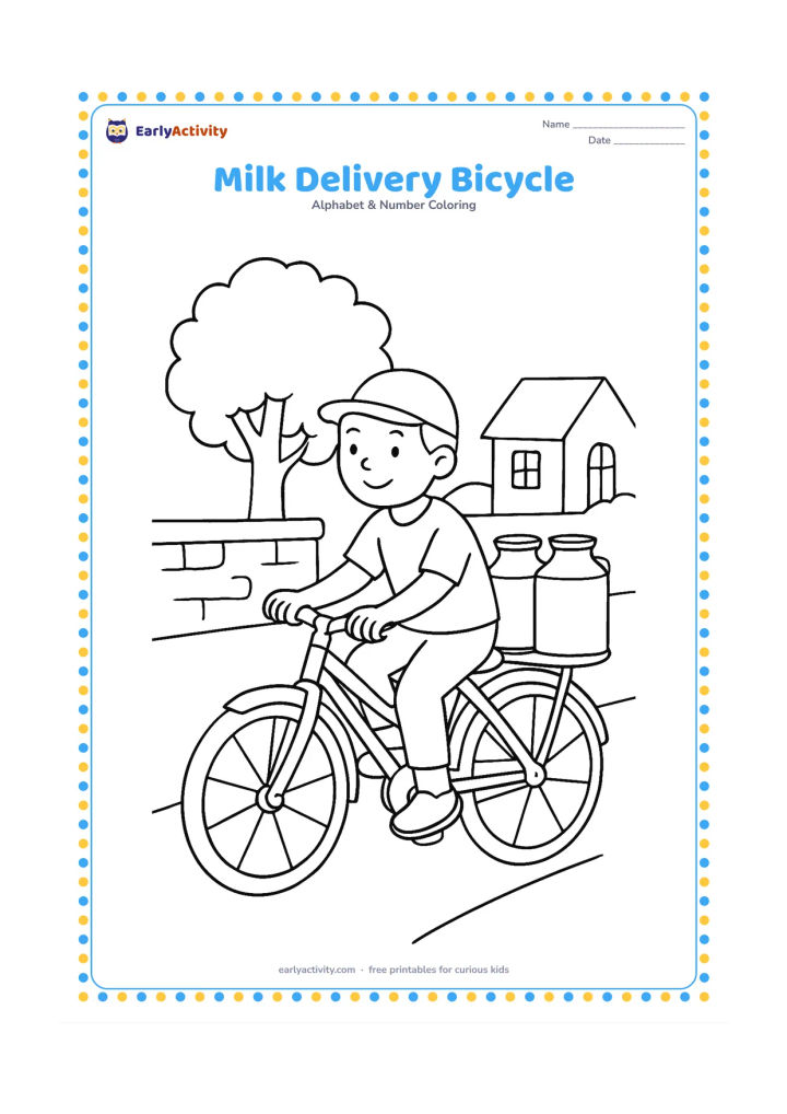 Colouring page: Draw a person riding a bicycle with two plain milk cans secured on the back, moving along a village lane. Include a low wall, a leafy tree and a small house in the background.