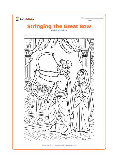 Colouring page: Ram carefully lifts and begins to string the great bow on a palace platform while Sita watches nearby, with flower garlands, carved pillars, and gathered onlookers.