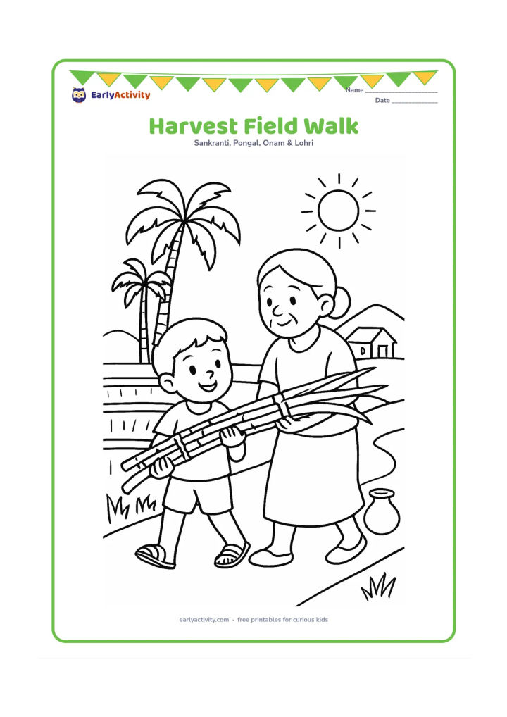 Colouring page: A child and grandparent walk along a path beside harvested rice fields, carrying a sugarcane bundle. Add palm trees, a distant village home, a water pot, and a morning Sun.