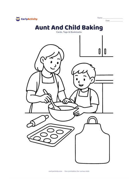 Worksheet: An aunt and child stand at a kitchen counter mixing batter in a bowl, with a rolling pin, mixing spoon and a tray of plain biscuits nearby. Leave a blank apron-shaped panel on the side…