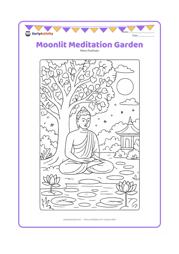 Colouring page: A Buddha meditates beneath a richly branching Bodhi tree in a moonlit garden, with a full moon, clouds, fireflies, lotus pond, stepping stones and a small temple pavilion. Add gentle…