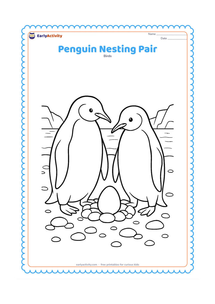 Colouring page: Draw two adult penguins standing protectively beside a small nest containing one egg on a rocky Antarctic shore. Add scattered pebbles, low ice cliffs, and a calm sea behind them.