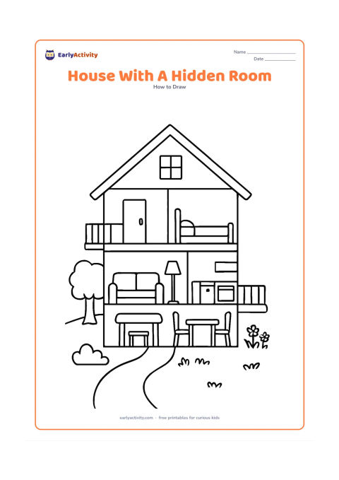 Worksheet: Draw a cutaway house showing the outside walls, roof, attic, living room, kitchen, bedroom and a small balcony, with each room represented by simple furniture and no interior words.…