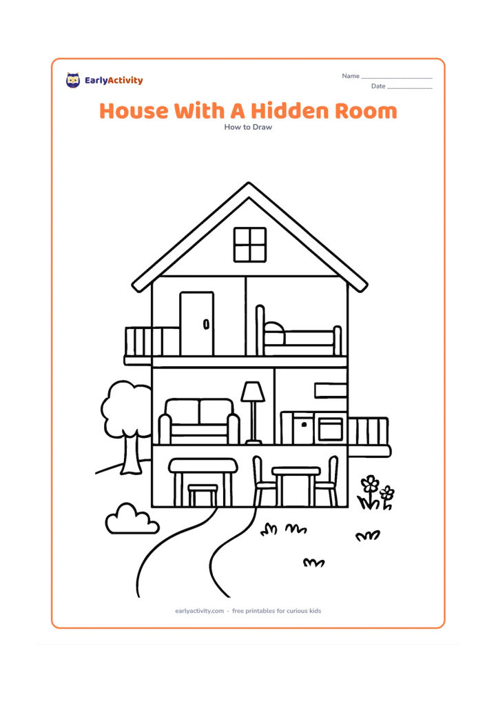 Worksheet: Draw a cutaway house showing the outside walls, roof, attic, living room, kitchen, bedroom and a small balcony, with each room represented by simple furniture and no interior words.…