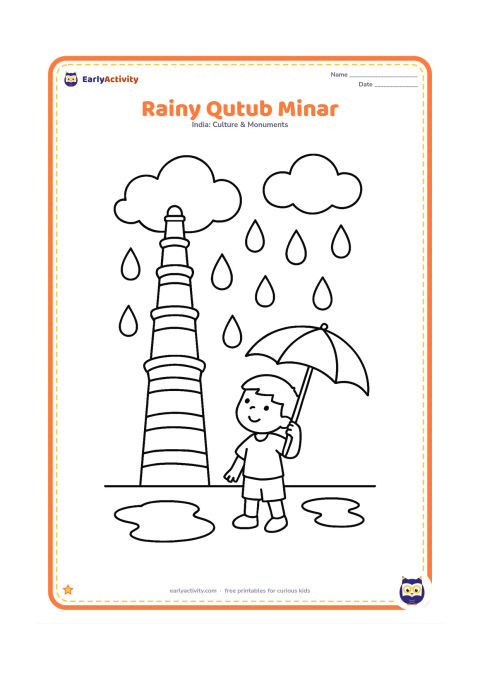 Colouring page: Draw Qutub Minar beneath large raindrops and clouds, with puddles on the courtyard ground and a child holding an umbrella. Keep the tower fully visible.