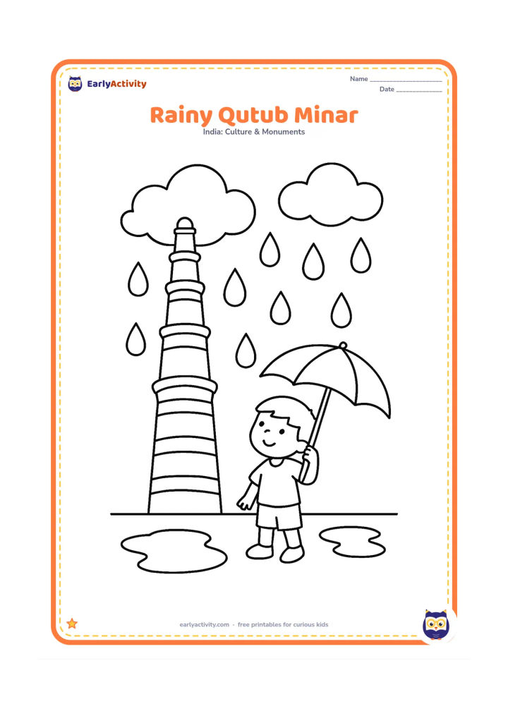 Colouring page: Draw Qutub Minar beneath large raindrops and clouds, with puddles on the courtyard ground and a child holding an umbrella. Keep the tower fully visible.