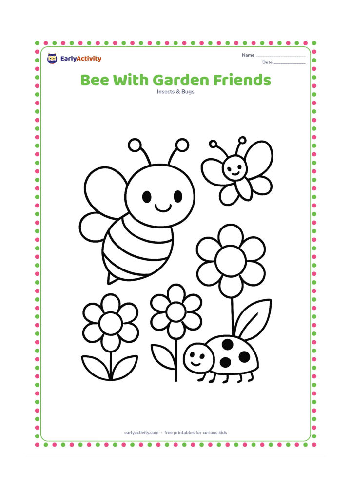 Colouring page: A large central bee shares a garden scene with one butterfly and one ladybird near three big flowers. Keep all insects friendly and clearly separated.
