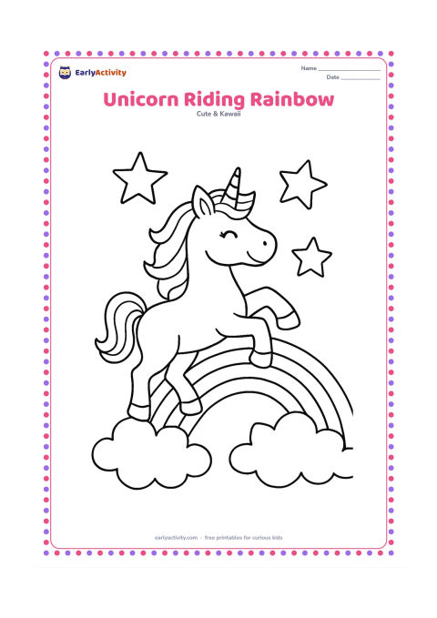 Colouring page: A smiling unicorn rides along a curved rainbow with clouds at both ends and a few large stars around it. Show the pose clearly, with the front legs lifted slightly.