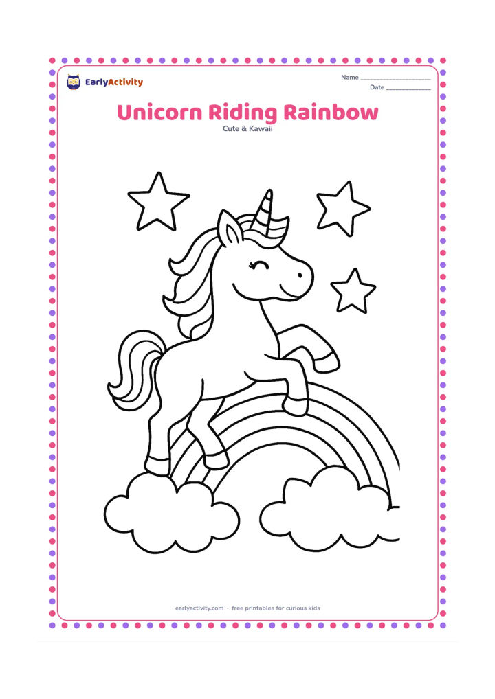 Colouring page: A smiling unicorn rides along a curved rainbow with clouds at both ends and a few large stars around it. Show the pose clearly, with the front legs lifted slightly.