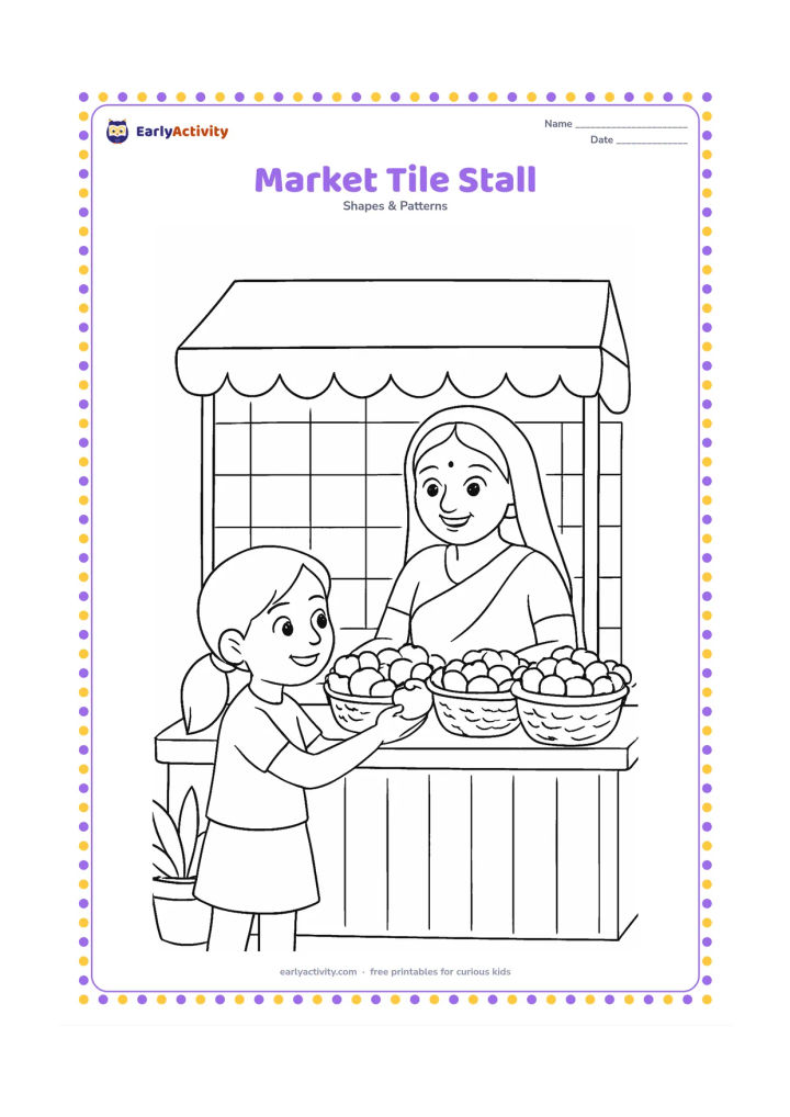 Colouring page: A friendly Indian market stall displays baskets on a counter against a wall of square tiles. A child chooses a fruit while an adult vendor smiles nearby; include a cloth canopy and…