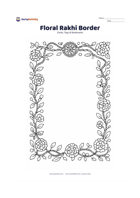 Worksheet: Create an elegant full-page border of interwoven rakhi threads, marigold flowers, leaves, beads, and small bows around a large empty centre panel. Place a detailed rakhi medallion at the…