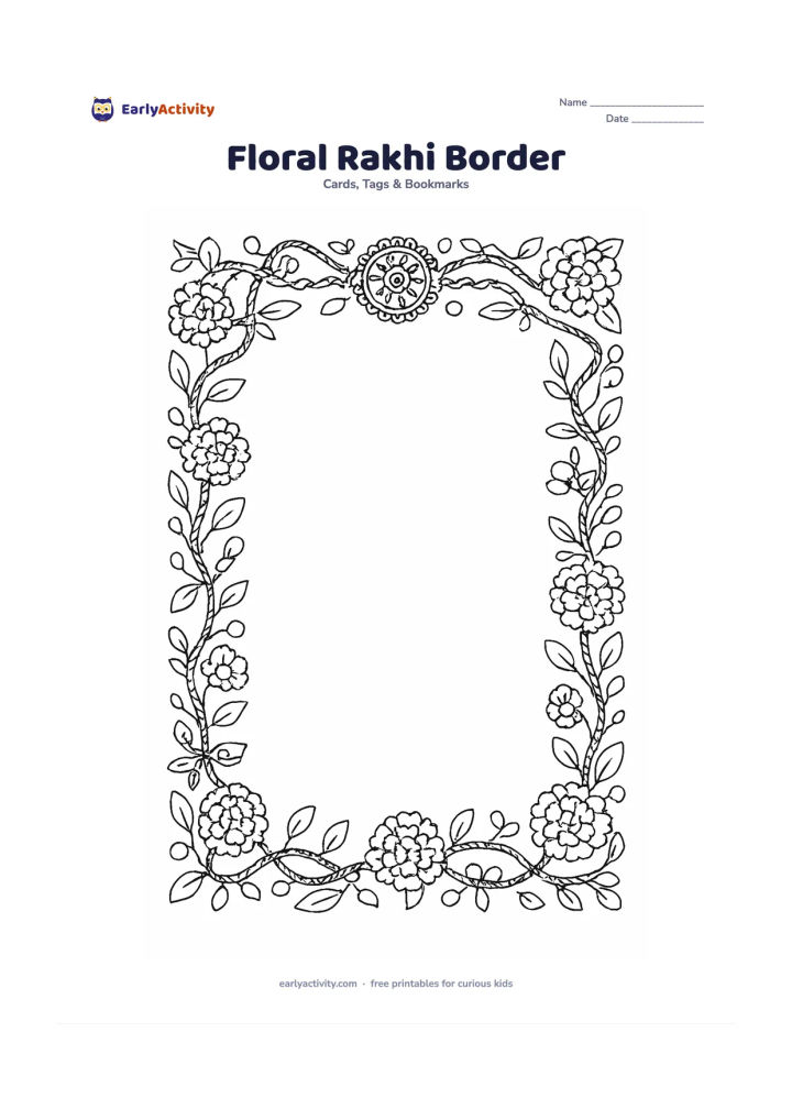 Worksheet: Create an elegant full-page border of interwoven rakhi threads, marigold flowers, leaves, beads, and small bows around a large empty centre panel. Place a detailed rakhi medallion at the…