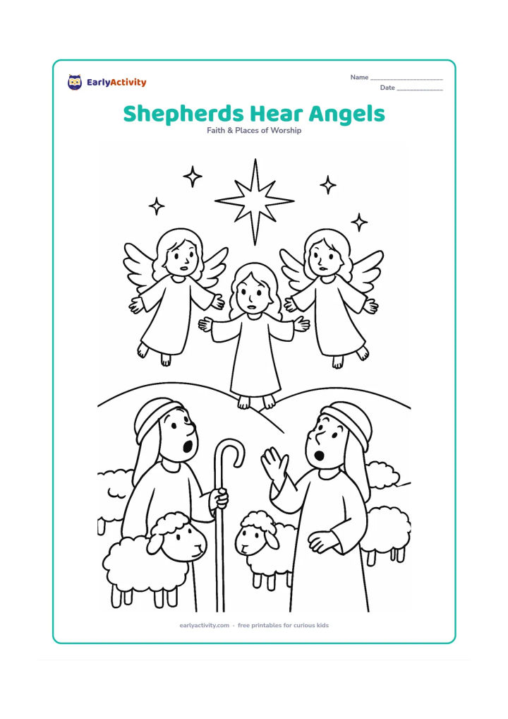 Colouring page: Show two shepherds looking upward in surprise as three angels appear above a hillside with open arms. Include several sheep, a crook and a large star in the evening sky.