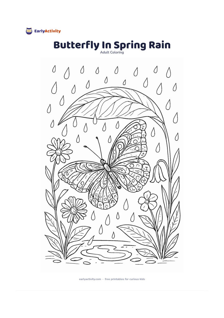Colouring page: Show a butterfly sheltering beneath a large leaf while light raindrops fall around it. Include spring flowers, wet leaves, a small puddle, and delicate vein patterns in the butterfly wings.
