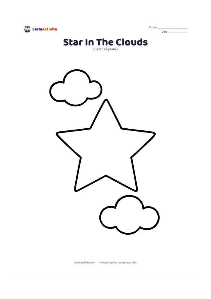 Worksheet: A single large star outline floats between two very simple puffy cloud outlines, with a broad open area inside the star. Arrange the clouds around the edges without touching the cutting…