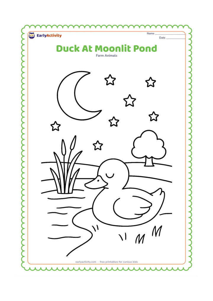 Colouring page: A duck rests beside a quiet pond beneath a crescent moon and scattered stars. Include reeds, a small rounded tree silhouette and gentle reflections in the water.
