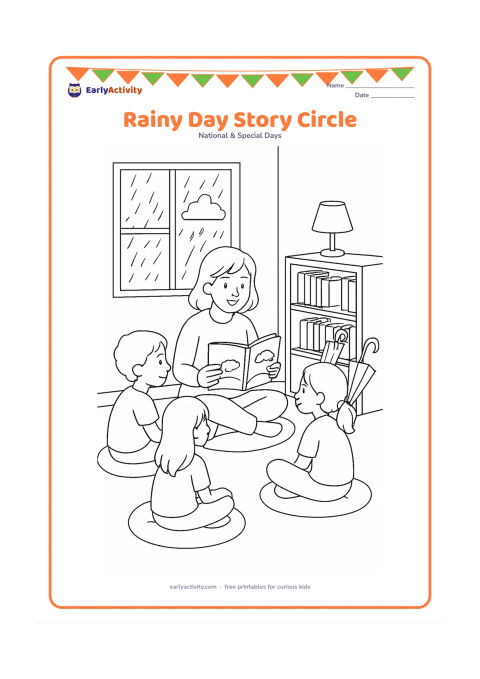 Colouring page: Children sit around a teacher during an indoor story circle while rain falls outside the classroom window. Include an open picture book, floor cushions, umbrellas near the door, shelves,…