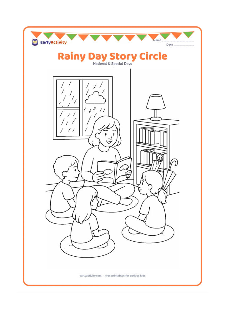 Colouring page: Children sit around a teacher during an indoor story circle while rain falls outside the classroom window. Include an open picture book, floor cushions, umbrellas near the door, shelves,…