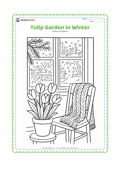 Colouring page: Draw a warm indoor winter garden scene with tulips in pots near a frosted window, a knitted scarf draped over a chair, snow visible outside and a few evergreen branches. Keep the flowers…