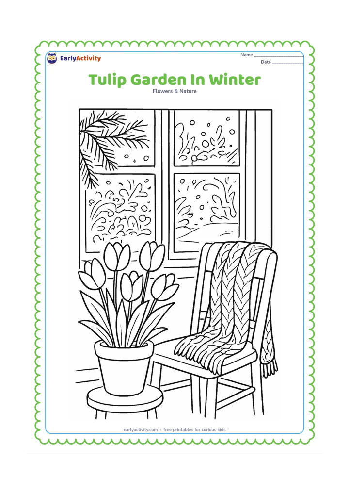 Colouring page: Draw a warm indoor winter garden scene with tulips in pots near a frosted window, a knitted scarf draped over a chair, snow visible outside and a few evergreen branches. Keep the flowers…